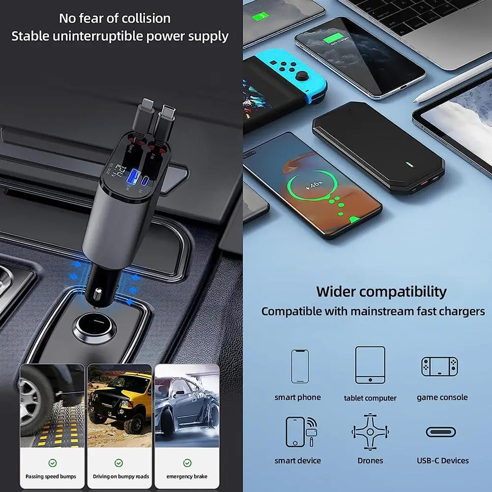 100W 4 in 1 Retractable Car Charger USB Type C Cable for Iphone Fast Cord Cigarette Lighter Adapter